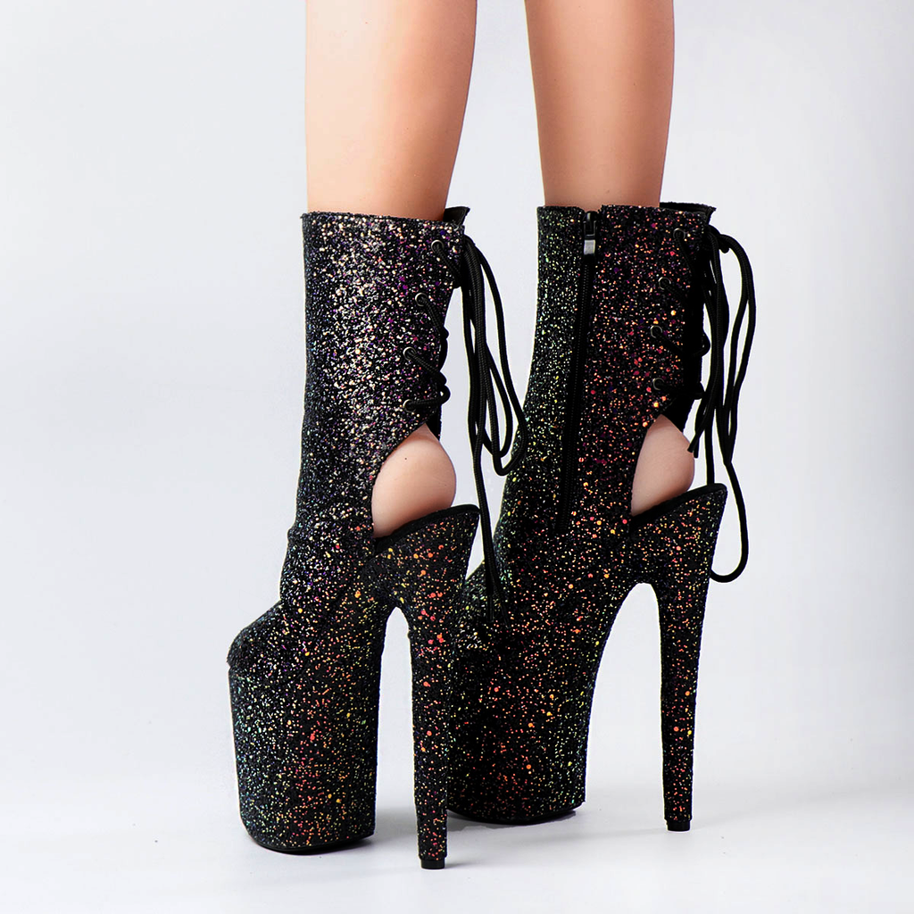 Glitteria - Dark Charcoal Glitter Pole Dancing Shoes, Pole Boots, Exotic Shoes